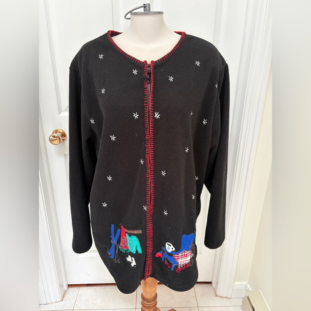 Penningtons Black Cardigan with Red Trim and winter scene plus size